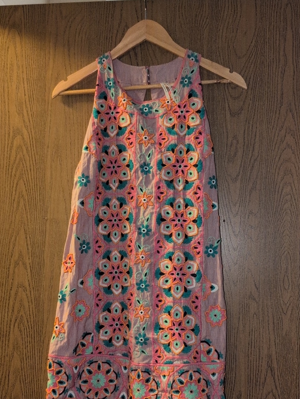 Sleeveless Pink Embroidered Mini Dress with Turquoise Accents